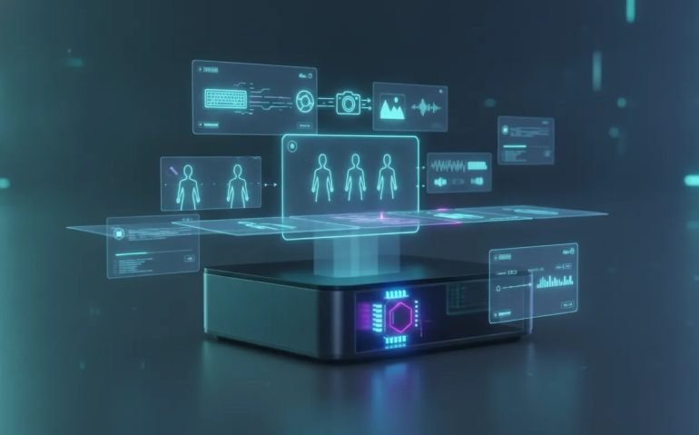 Futuristic illustration of a local computer workstation generating AI video with holographic scene layers, waveform audio visualization, and consistent character frames—no text.