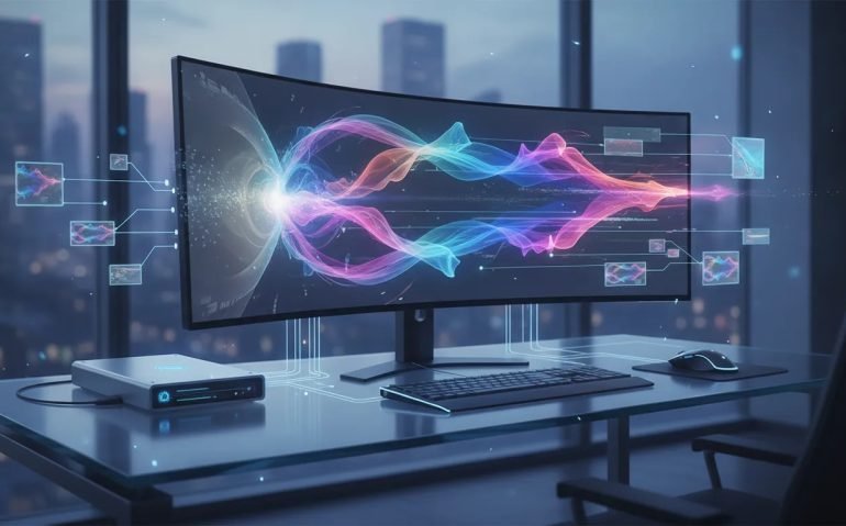 Abstract high-tech illustration of a local AI video generator workflow with connected nodes, flowing video frames, and server-to-monitor visualization in a Canadian city setting.