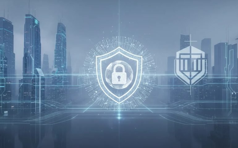 Futuristic holographic AI core locked behind a security barrier, symbolizing government-controlled access and cybersecurity risk from frontier AI models