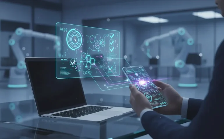 Futuristic illustration of mobile control connecting to an AI dispatch network and holographic interactive dashboards with abstract scheduling icons, no text.