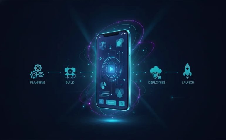 Illustration of a smartphone with abstract AI connections and graphical launch elements symbolizing no-code AI mobile app building and publishing.
