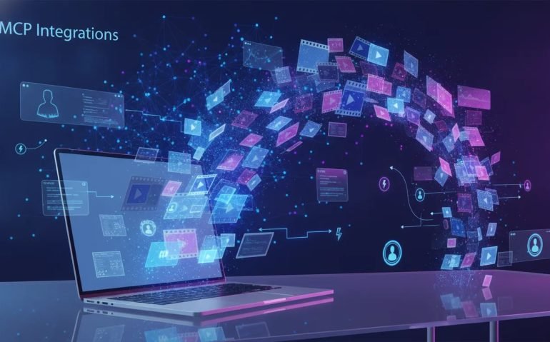 Futuristic illustration of a notebook transforming into short video frames with glowing network nodes representing AI connections and automation features, no text