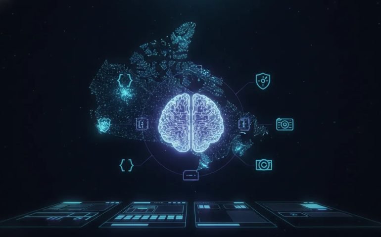Futuristic wordless illustration of an open-source AI network powering cybersecurity, automation, research, and creative production over a glowing Canada map silhouette.