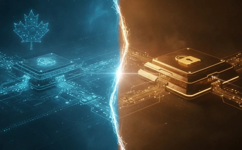 Split image symbolizing open-weights AI versus closed frontier models, with modular network on one side and a sealed premium server vault on the other, featuring subtle Canadian circuit and maple-leaf node motif.