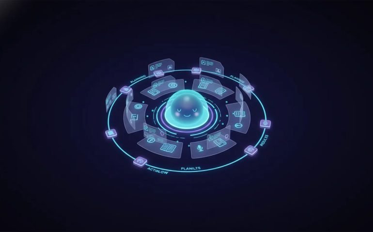 Futuristic illustration of a personal AI assistant with a glowing core connected to translucent memory layers and branching workflow paths, symbolizing an assistant that remembers and performs tasks without text.
