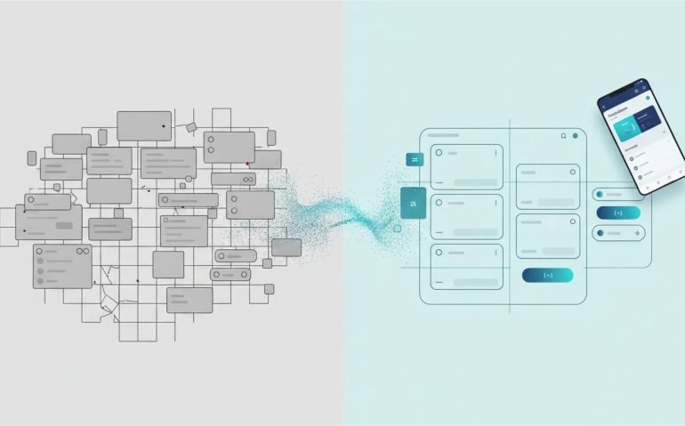 Split-screen illustration showing an outdated generic AI wireframe workflow versus a polished, context-aware AI design agent producing clean UI/UX layouts