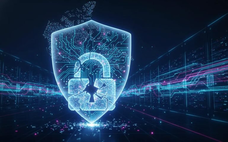 Futuristic quantum circuitry over a glowing security shield with cracked cryptographic lock imagery, suggesting early risk to modern encryption in Canada’s tech landscape.