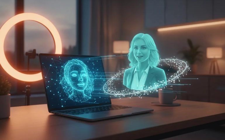 Photorealistic tech scene of a creator using a laptop and holographic projection to generate a realistic talking AI avatar quickly, with studio lighting and motion light effects.