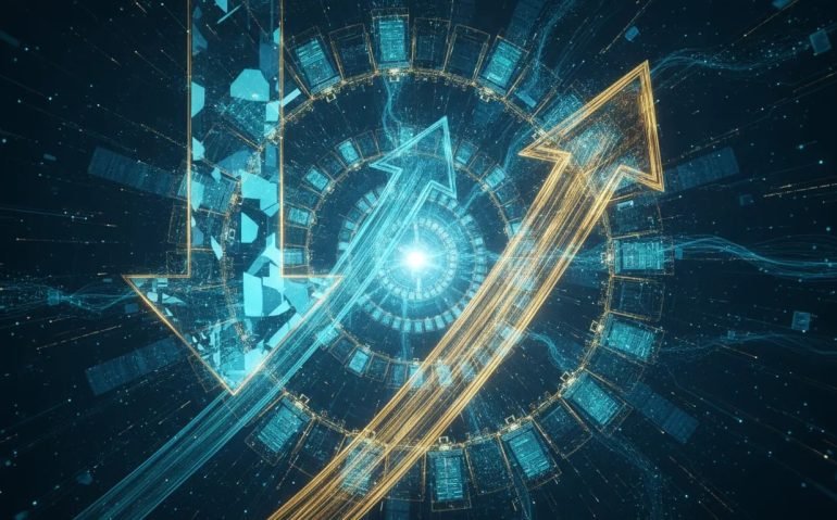 Futuristic illustration of recursive AI self-improvement with a glowing network core and a downward discount-style arrow, symbolizing lower AI serving costs and a new era of efficiency.
