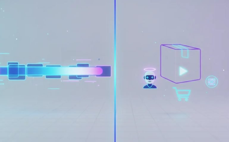 Futuristic split-screen illustration showing seamless AI video generation for consistent product ads, with e-commerce elements and an AI avatar, no text.