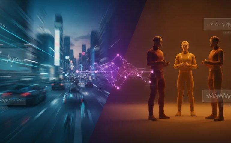 Split-screen futuristic artwork comparing two AI video generation approaches, showing high-action motion on one side and consistent character-driven scenes on the other, connected by holographic data flow.