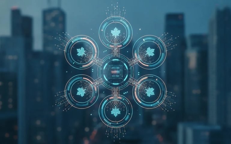 Futuristic illustration of seven glowing AI automation loops connecting a central server core with circuit paths and flowing data over a subtle Canadian city skyline at dusk.