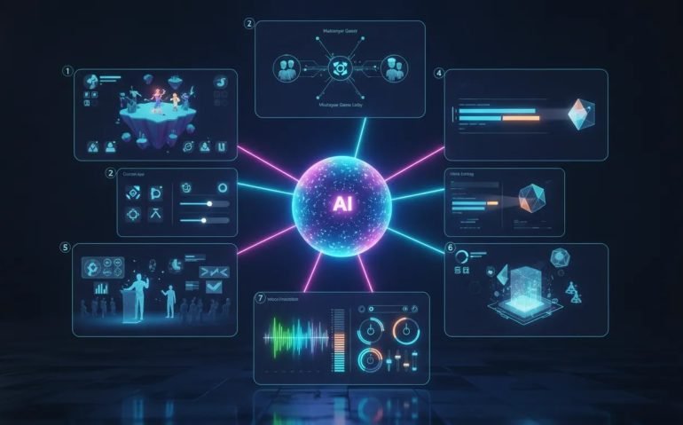 Futuristic illustration showing seven interconnected AI use cases—interactive game worlds, custom apps, video editing, consulting presentations, 3D real-estate mockups, and music production—linked by a central glowing AI core with no text.