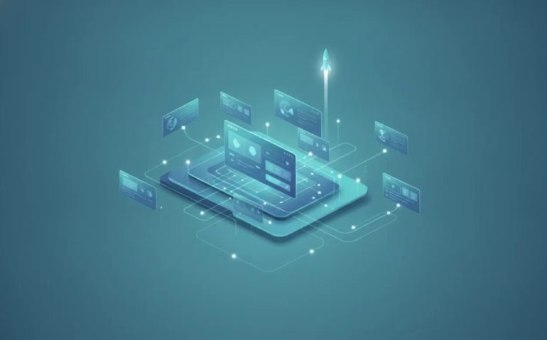 Abstract illustration of a no-code AI app builder with connected dashboard, database cards, and workflow automation visualized by glowing lines