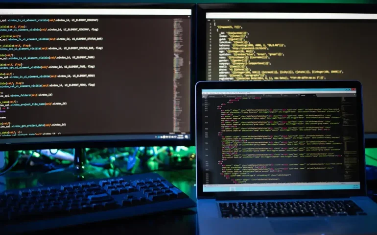 three-computer-screens-with-computer-programming