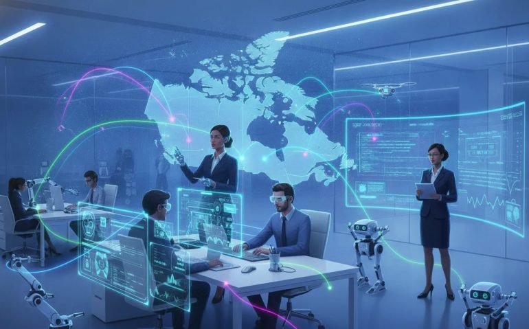 Holographic AI agents coordinating fast, real-time work across a futuristic Canadian tech landscape, connected by glowing networks and assisting professionals.