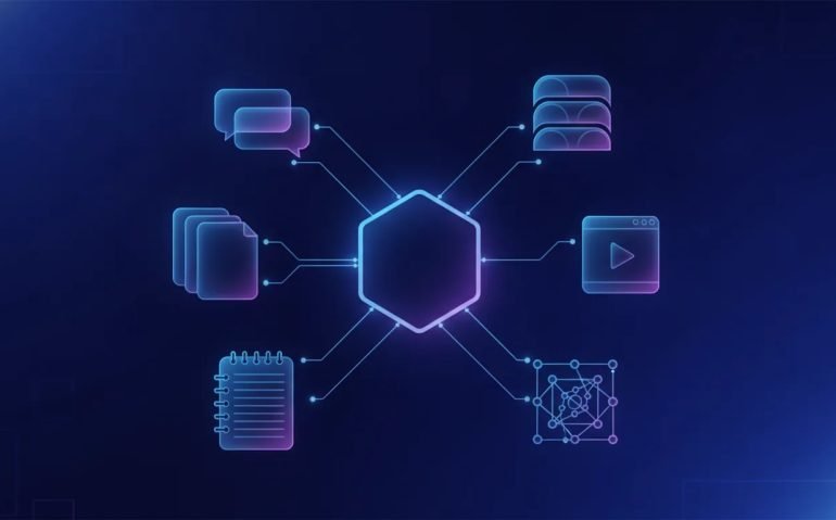 Unified AI workspace dashboard visualizing connected research, chat, documents, and media in one interface, with no text.