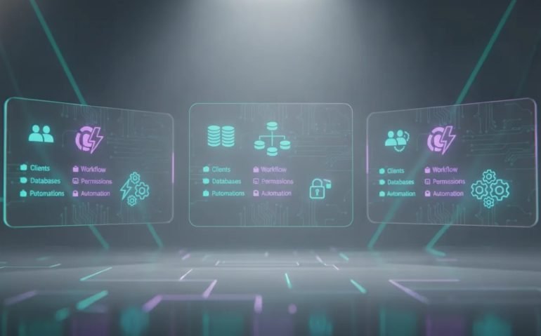 Futuristic dashboard illustration showing three AI app builder panels with abstract icons for clients, databases, workflows, permissions, and automation.