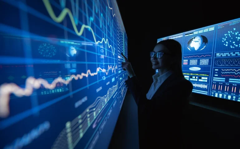 woman-analyzes-data-on-large-digital